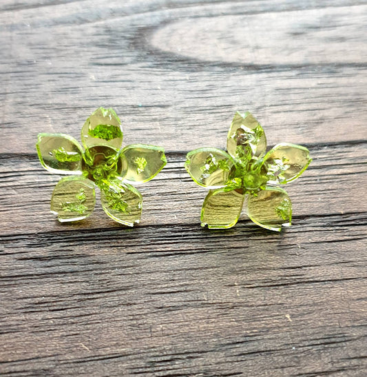 Flower Resin Earrings, Lime Green Silver Leaf Earrings