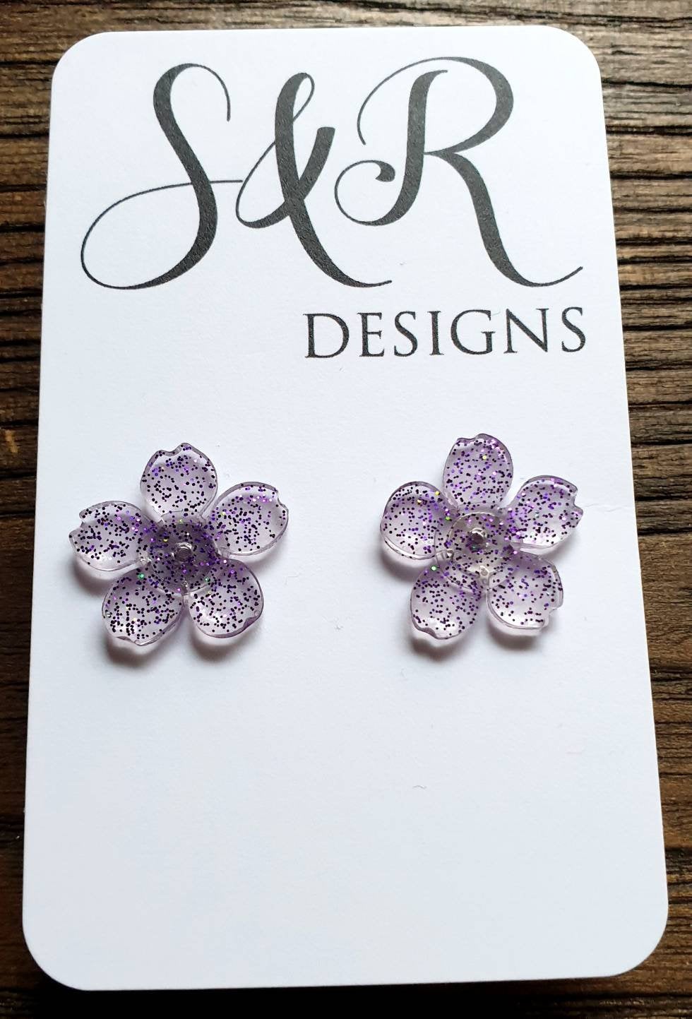 Flower Resin Earrings, Purple Holographic Glitter Earrings