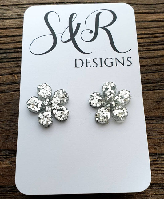 Flower Resin Earrings, Silver Glitter Earrings