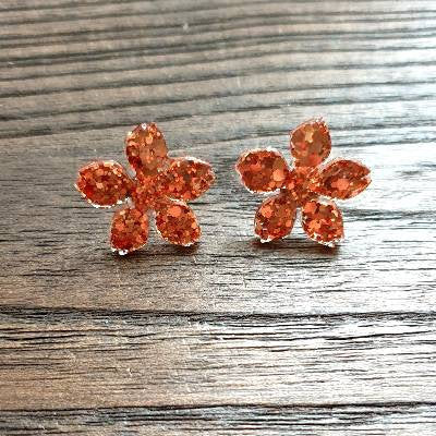 Flower Resin Earrings, Rose Gold Copper Glitter Earrings