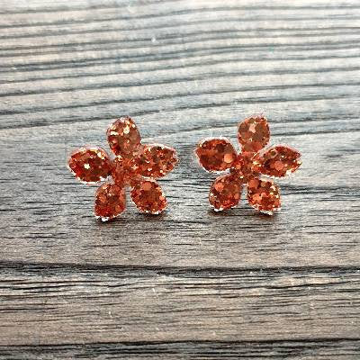 Flower Resin Earrings, Rose Gold Copper Glitter Earrings