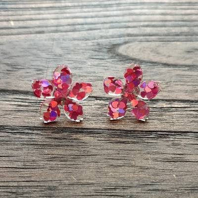 Flower Resin Earrings, Pink Purple Heart Glitter Earrings