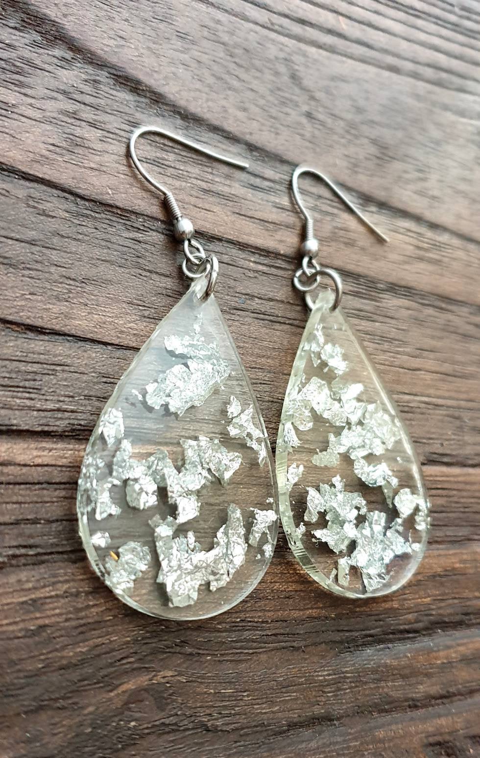 Silver Leaf mixed Clear Resin Teardrop Dangle Earrings