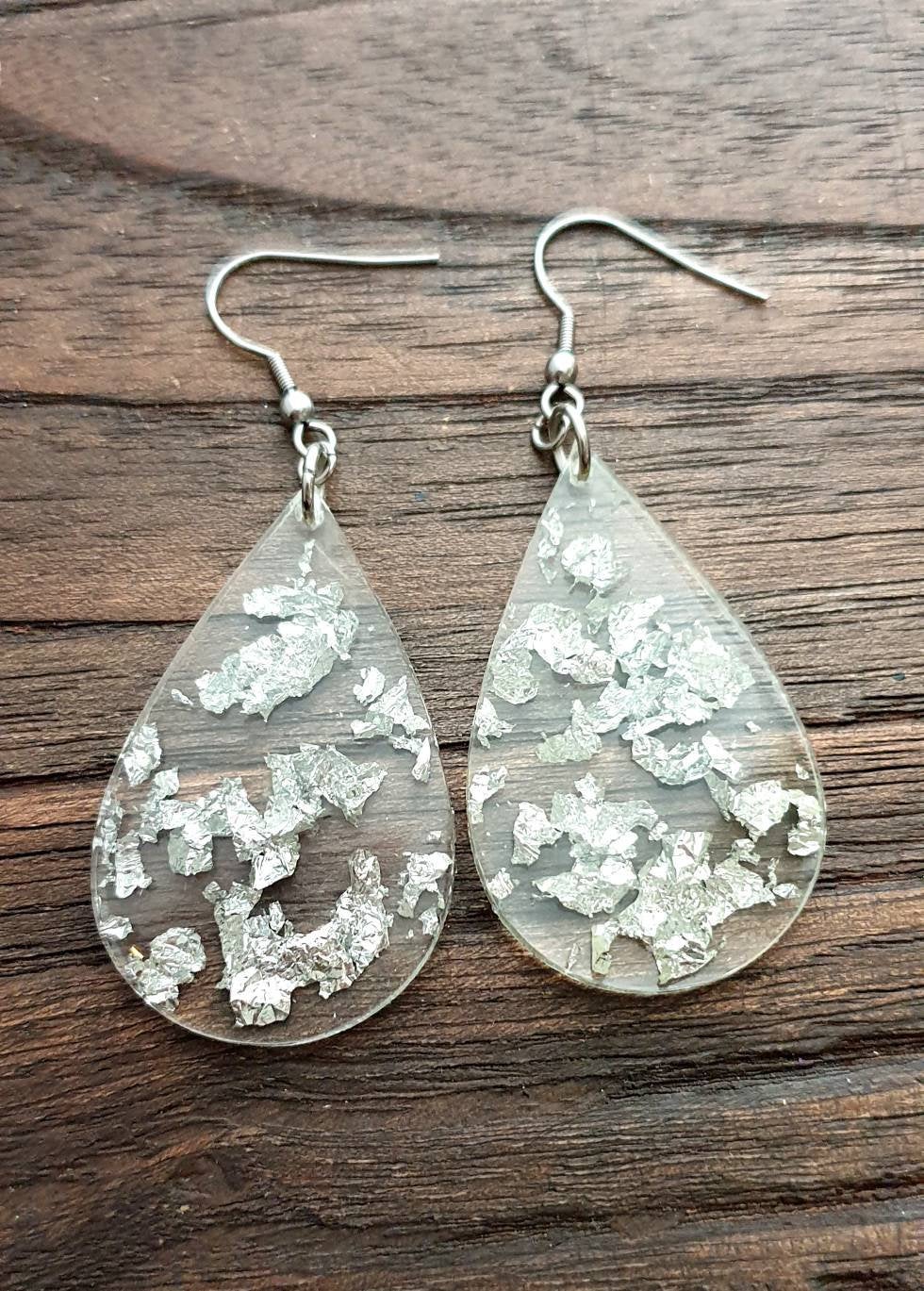 Silver Leaf mixed Clear Resin Teardrop Dangle Earrings