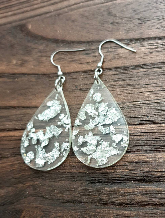 Silver Leaf mixed Clear Resin Teardrop Dangle Earrings