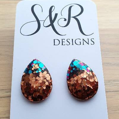 Teardrops Rose Gold Mix Glitter Stud Earrings, Silver Chunky Glitter Stainless Steel Earrings.