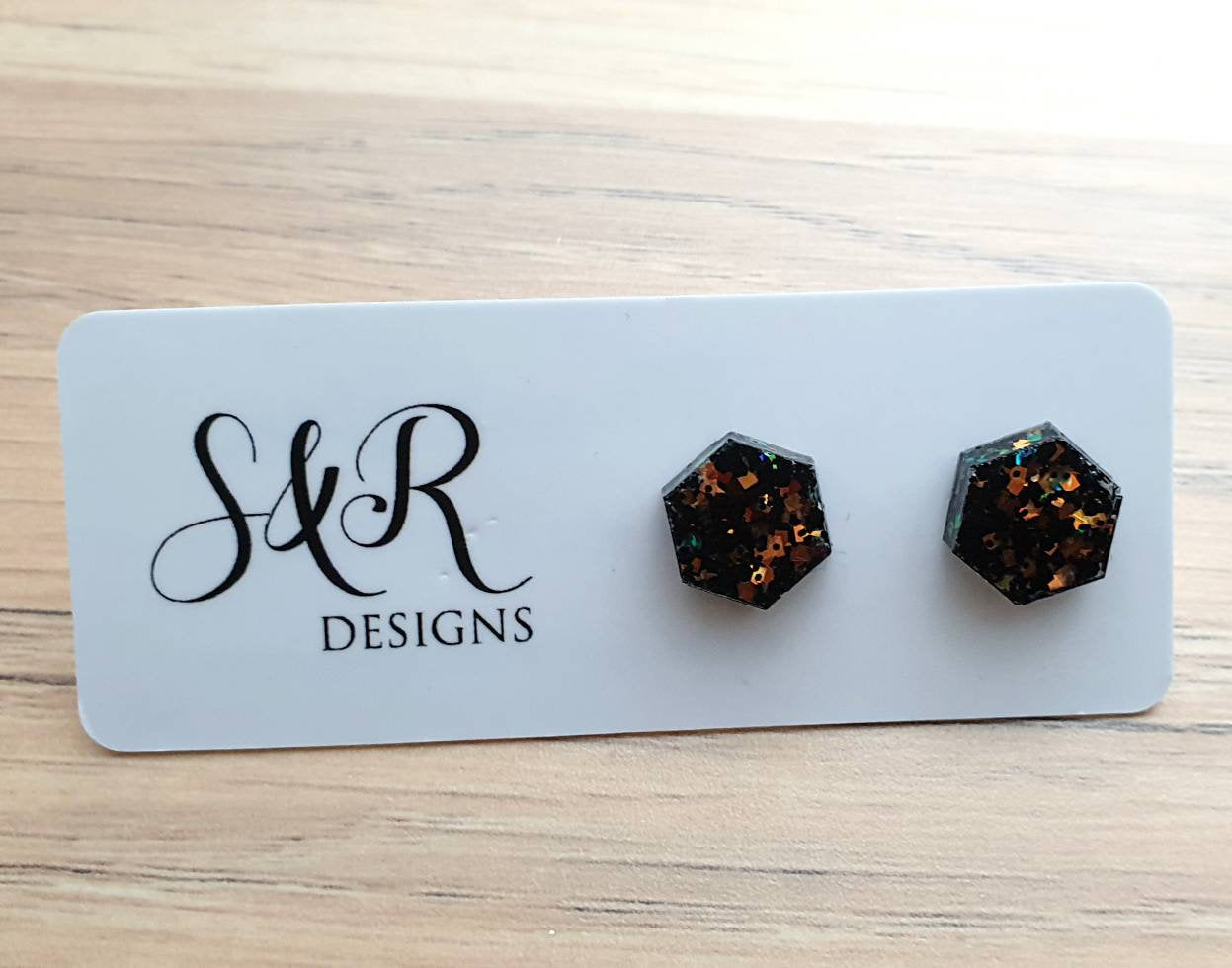 Hexagon Resin Stud Earrings, Rose Gold Black Glitter Earrings. Stainless Steel Stud Earrings. 10mm