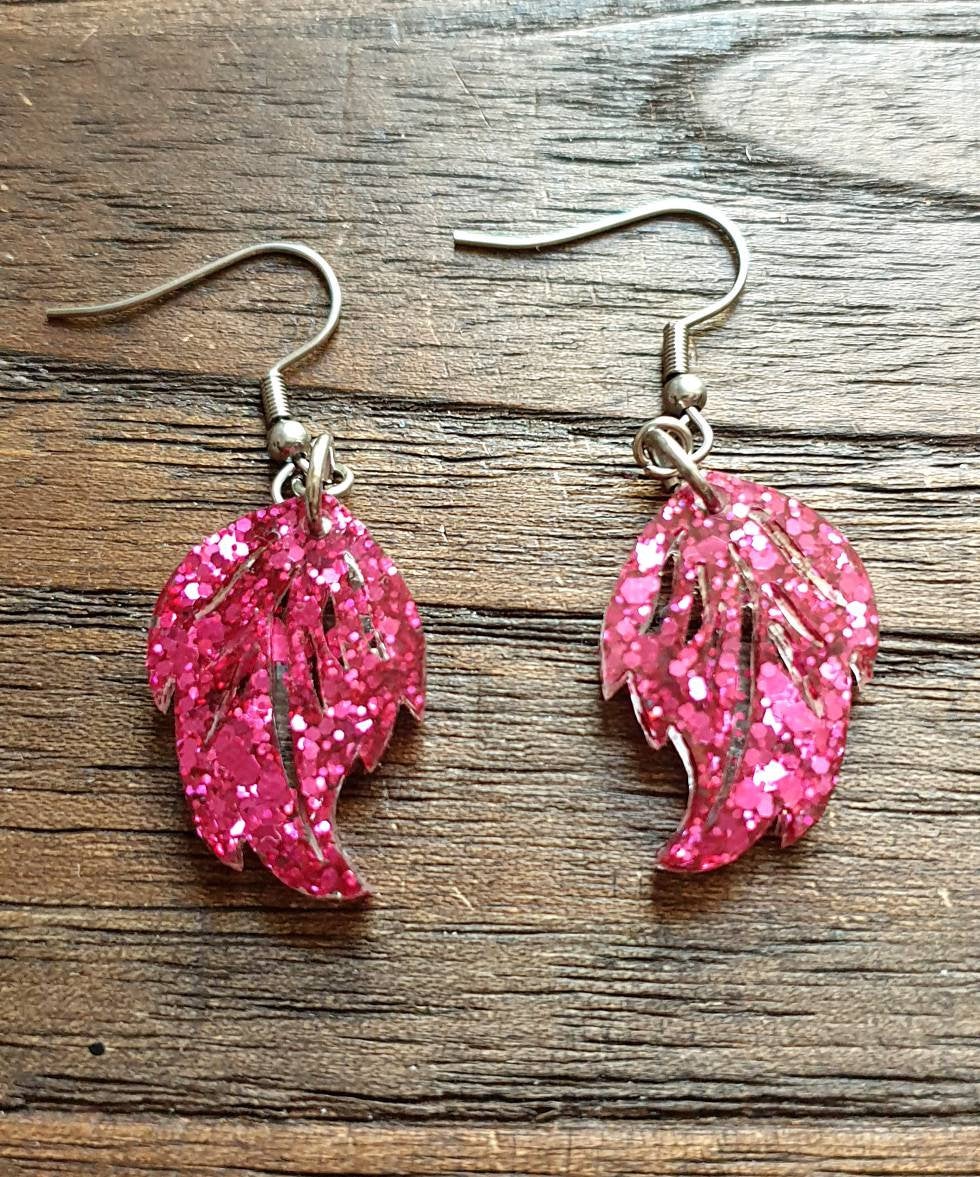 Glitter Leaf Resin Earrings, Hot Pink Resin Earrings, Stainless Steel Earrings