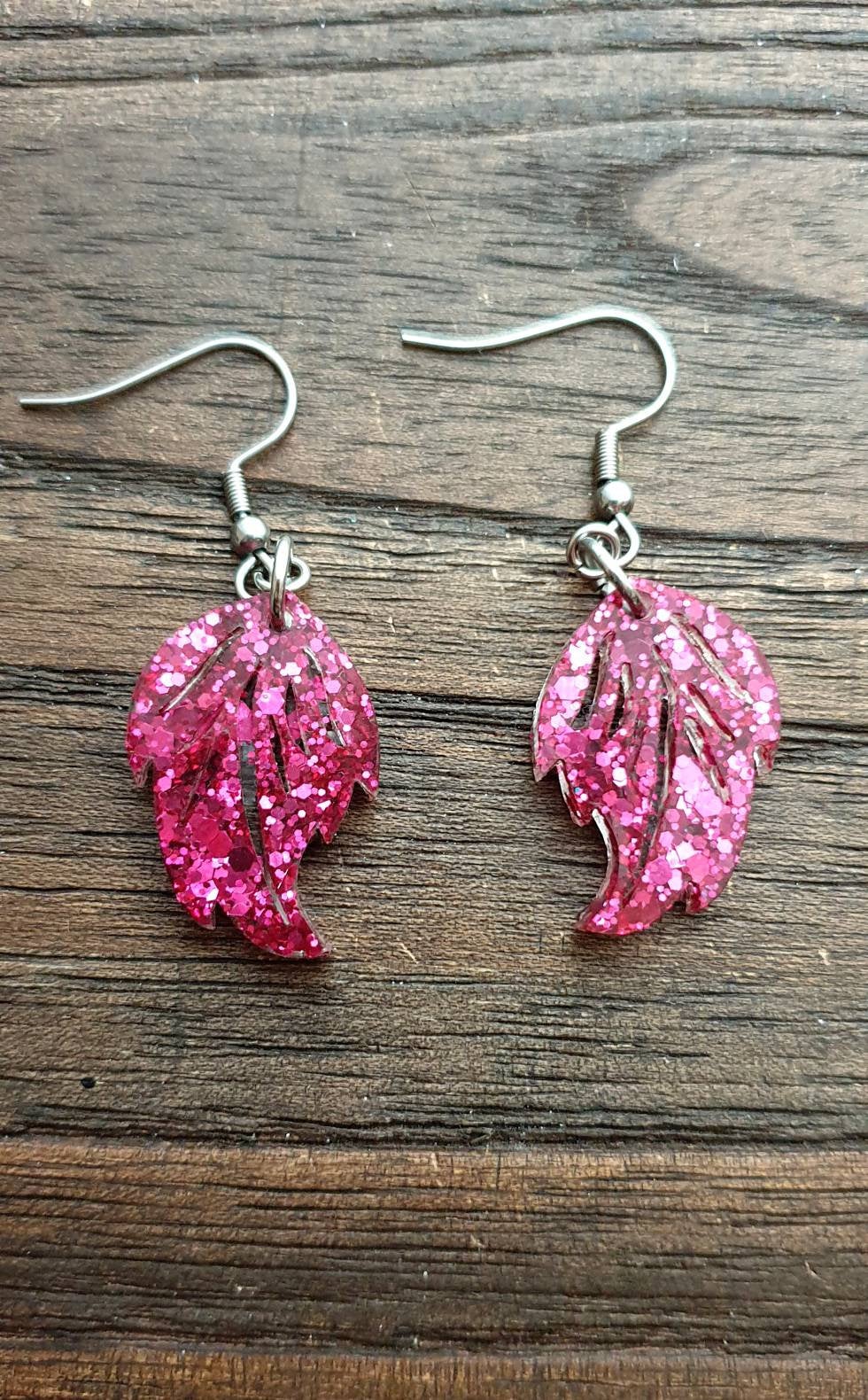 Glitter Leaf Resin Earrings, Hot Pink Resin Earrings, Stainless Steel Earrings