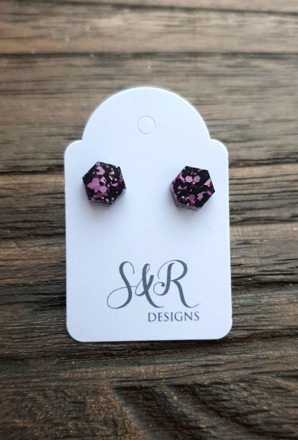 Hexagon Resin Stud Earrings, Pink Black Glitter Earrings. Stainless Steel Stud Earrings. 10mm or 6mm