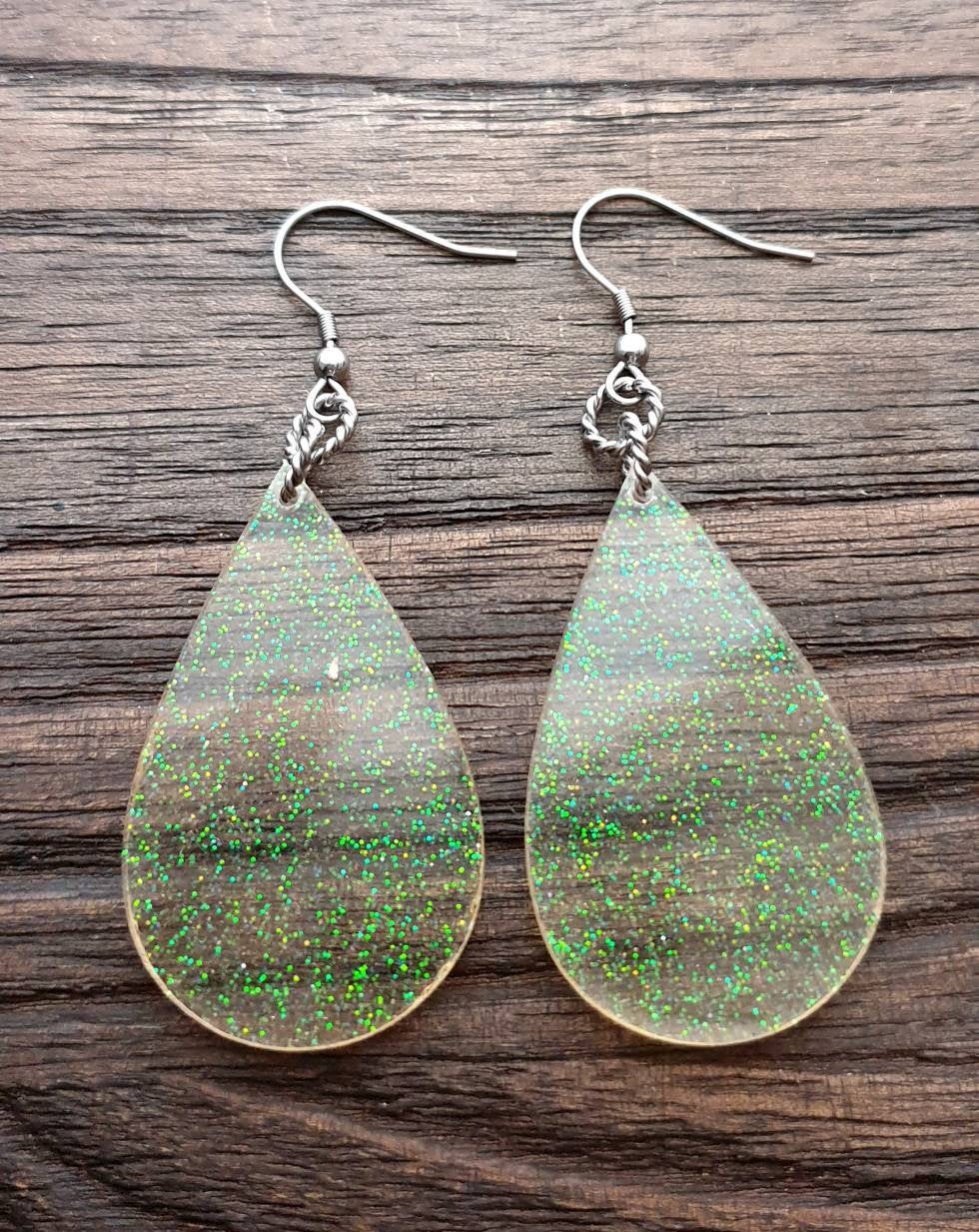 Rainbow Glitter Resin Teardrop Dangle Statement Earrings