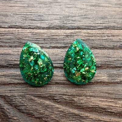 Teardrops Stud Earrings, Emerald Green Gold Silver Leaf Stainless Steel Earrings.
