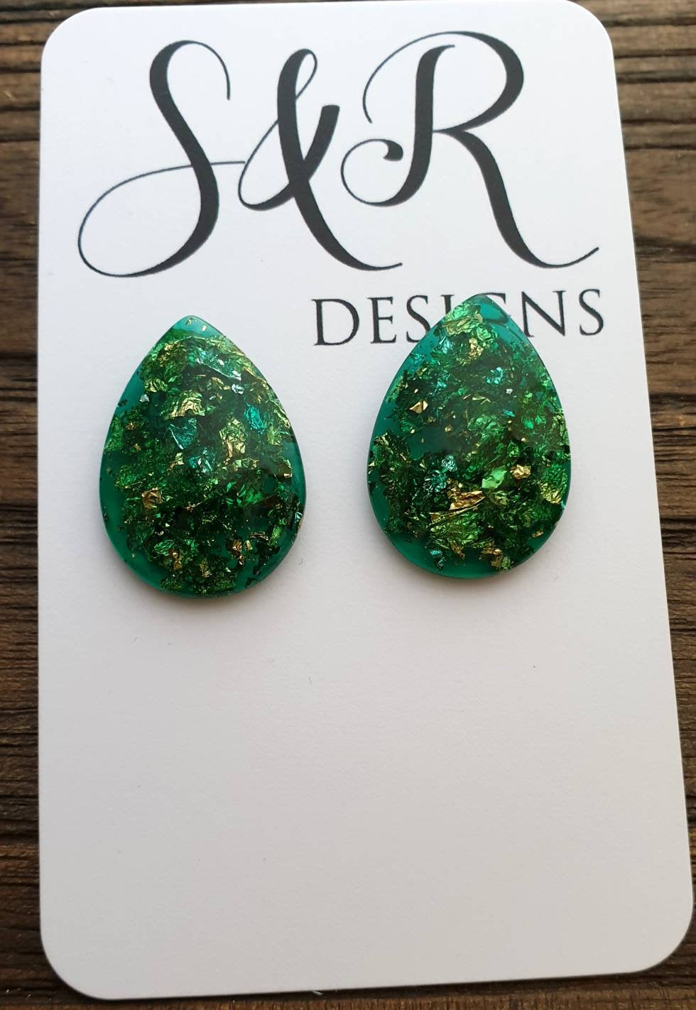 Teardrops Stud Earrings, Emerald Green Gold Silver Leaf Stainless Steel Earrings.