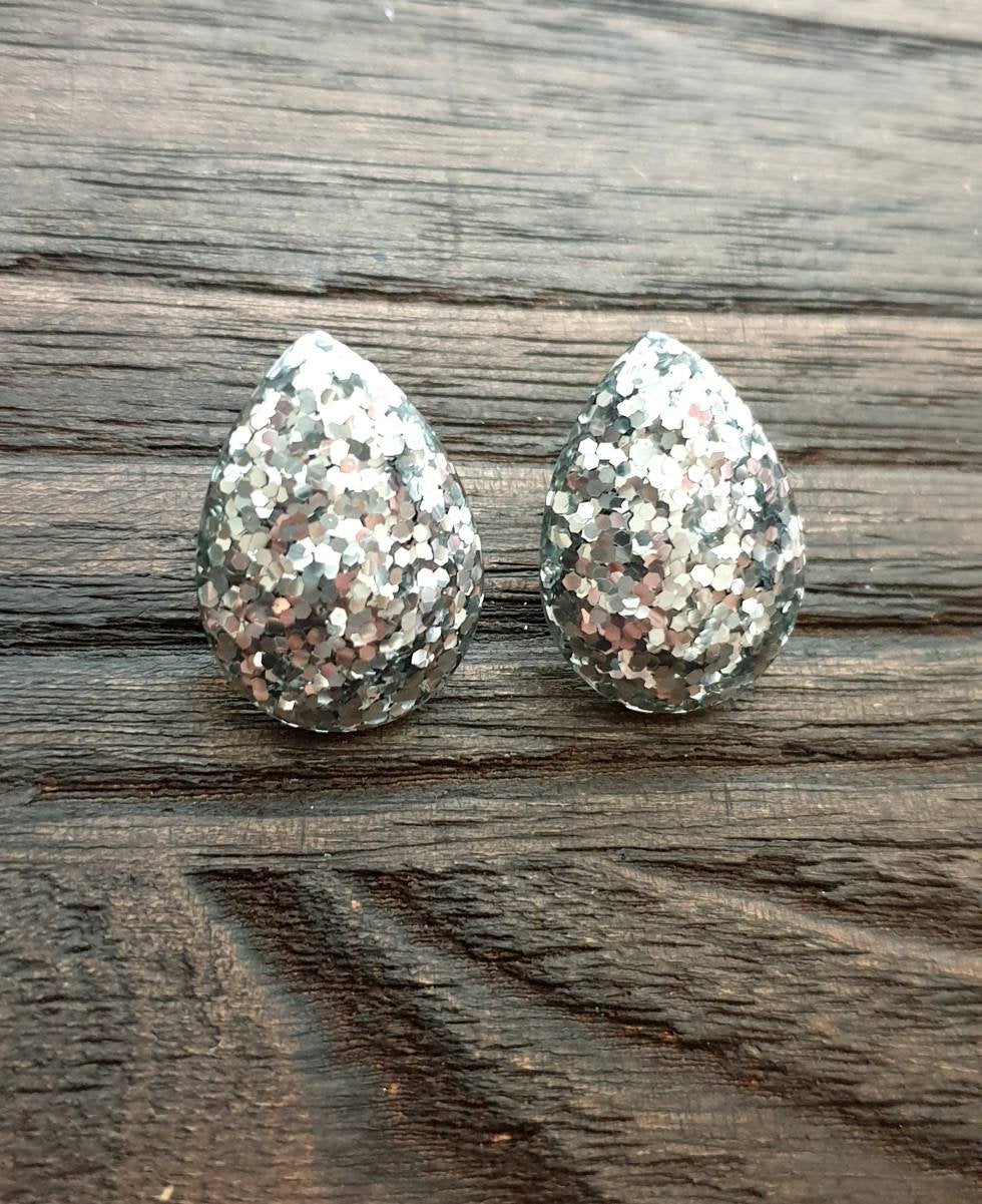 Teardrops Glitter Stud Earrings, Silver Chunky Glitter Stainless Steel Earrings.