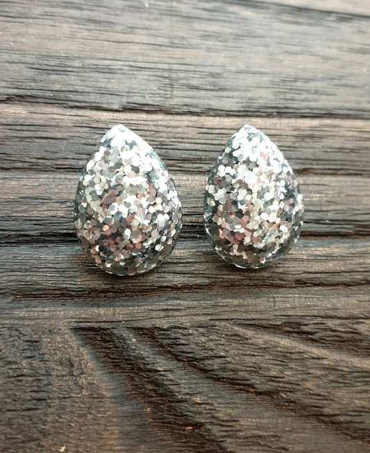 Teardrops Glitter Stud Earrings, Silver Chunky Glitter Stainless Steel Earrings.