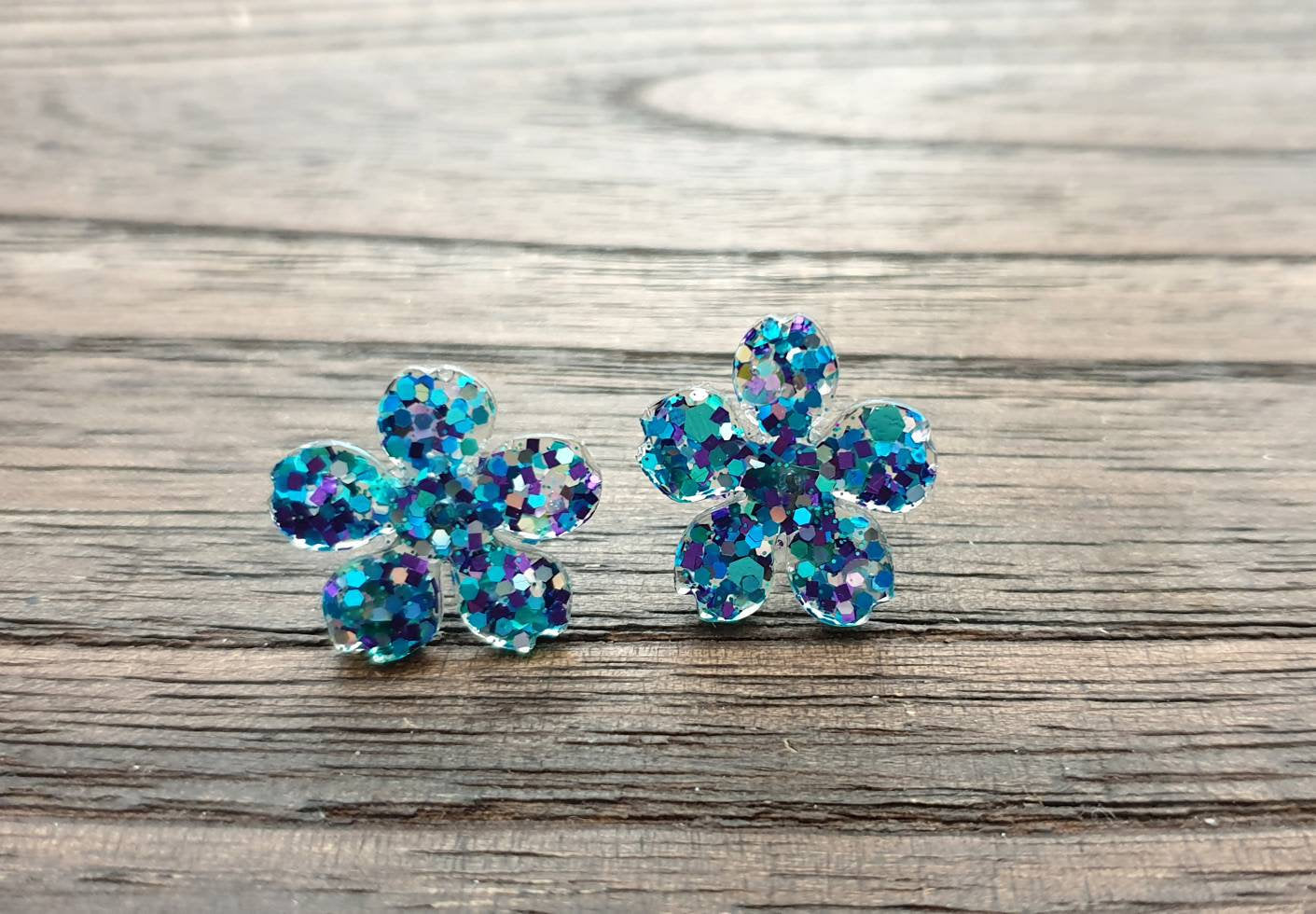 Flower Resin Earrings, Glitter Earrings, Mermaid Holographic Sparkly Stud Earrings