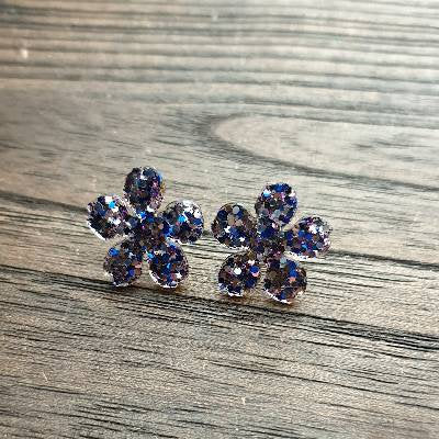 Flower Resin Earrings, Glitter Earrings, Purple Blue Silver Glitter Sparkly Stud Earrings