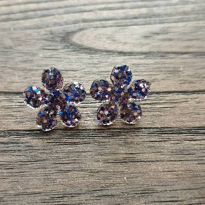 Flower Resin Earrings, Glitter Earrings, Purple Blue Silver Glitter Sparkly Stud Earrings