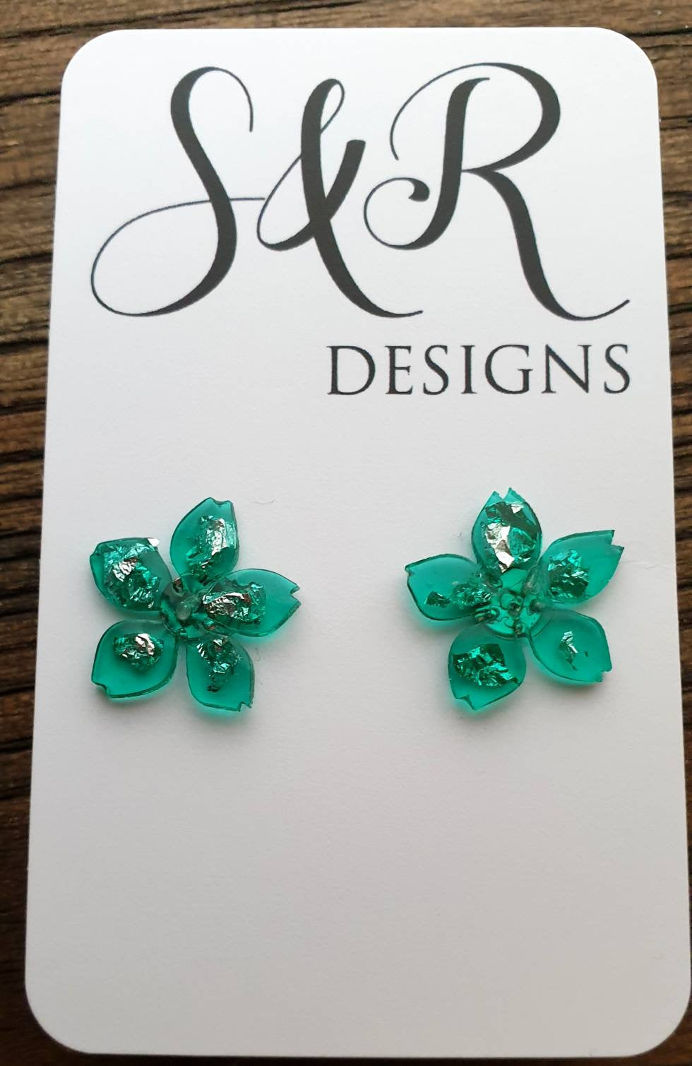 Flower Resin Earrings, Light Emerald Green Silver Leaf Earrings