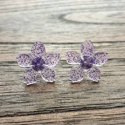 Flower Resin Earrings, Purple Glitter Earrings