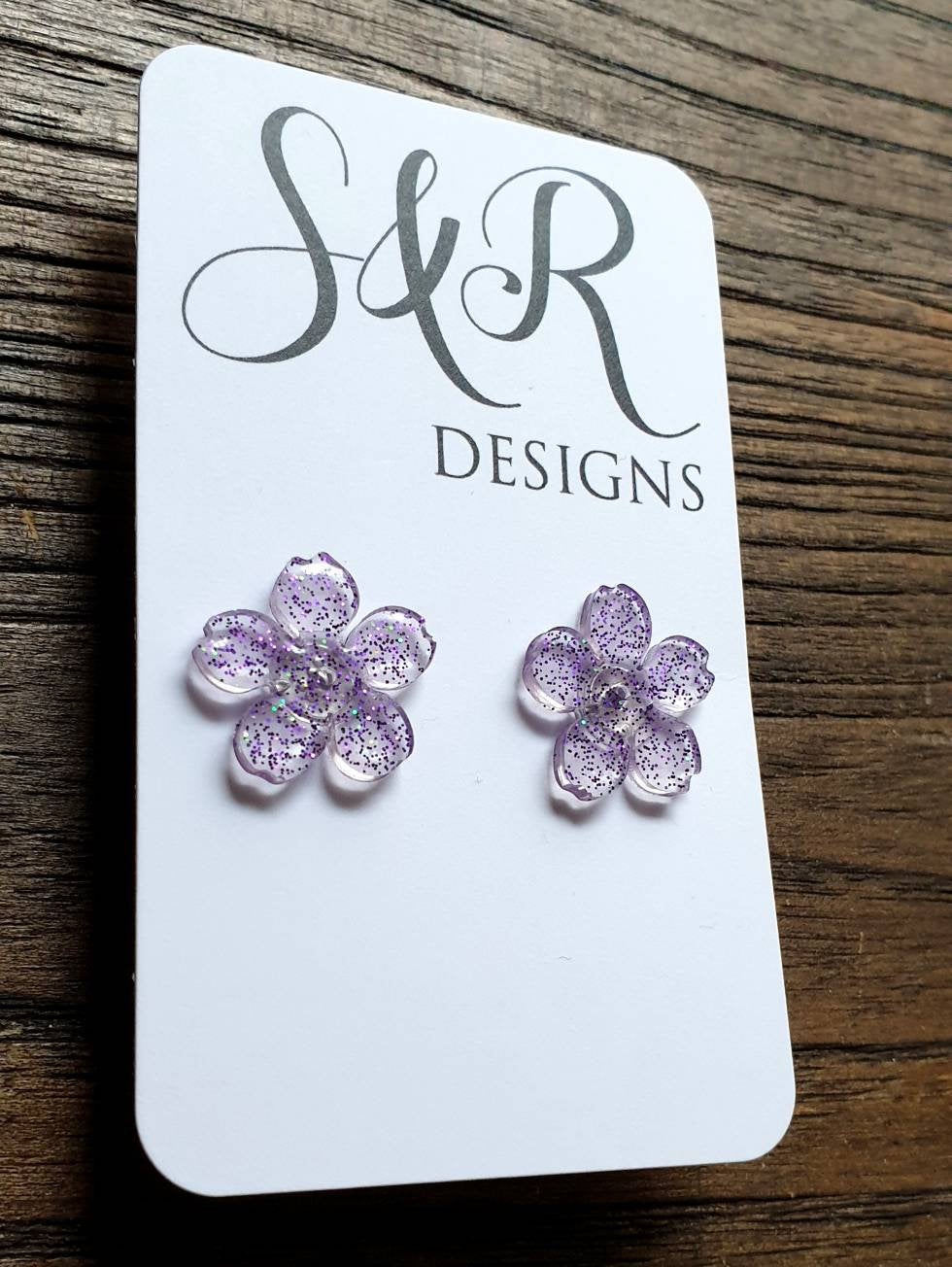 Flower Resin Earrings, Purple Holographic Glitter Earrings