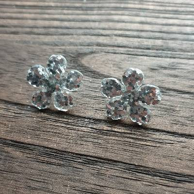 Flower Resin Earrings, Silver Glitter Earrings