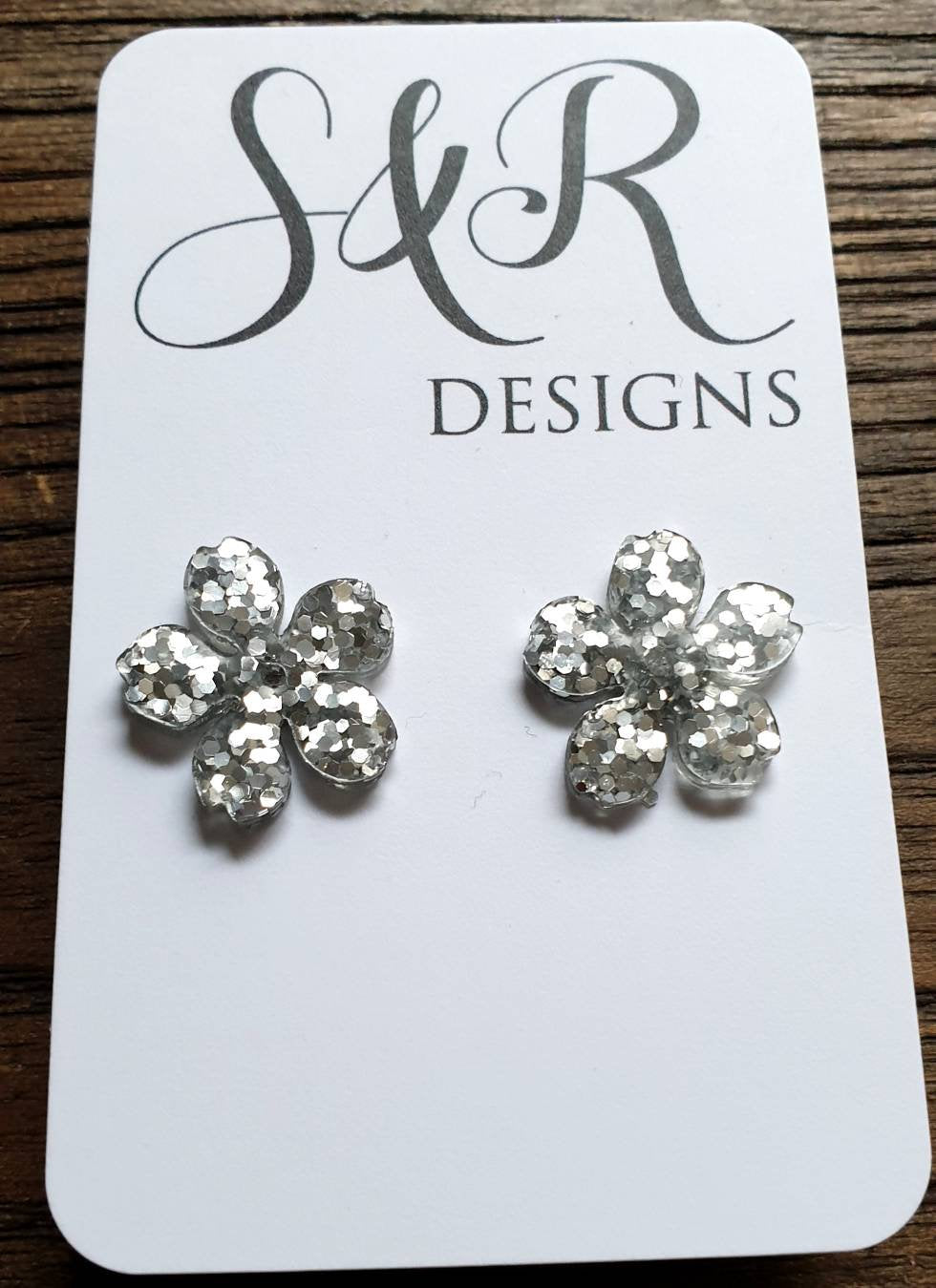 Flower Resin Earrings, Silver Glitter Earrings