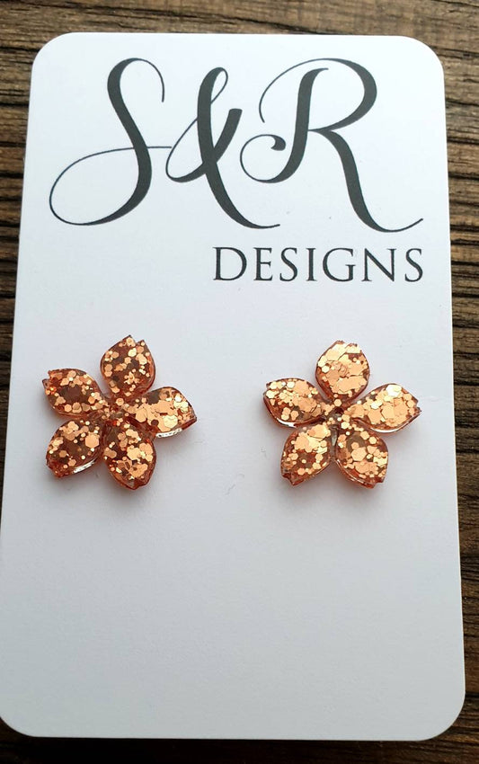 Flower Resin Earrings, Rose Gold Copper Glitter Earrings