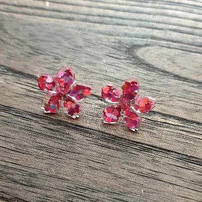 Flower Resin Earrings, Pink Purple Heart Glitter Earrings