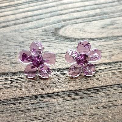 Flower Resin Earrings, Purple Silver Leaf Earrings