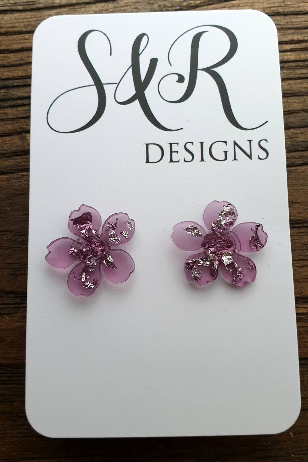 Flower Resin Earrings, Purple Silver Leaf Earrings