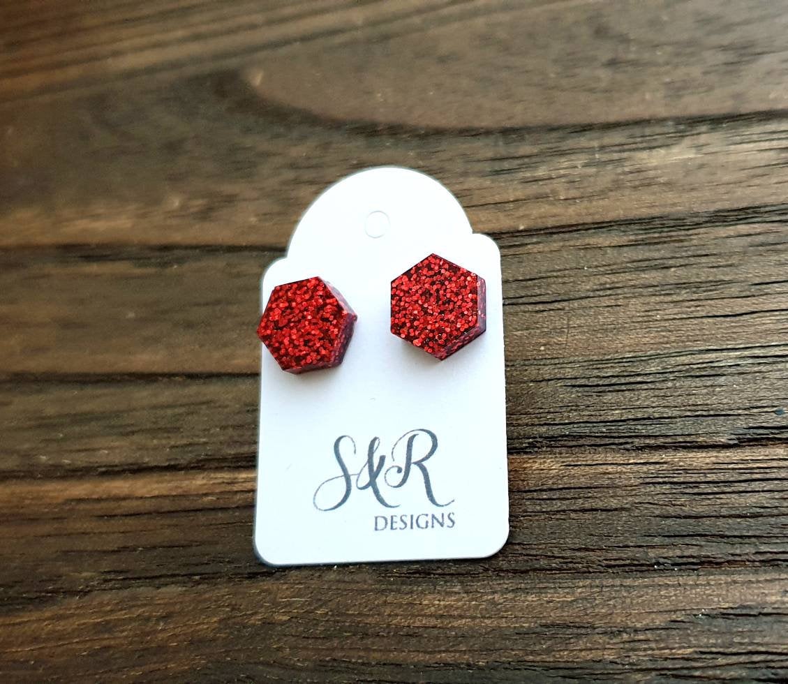 Hexagon Resin Stud Earrings, Red Glitter Earrings. Stainless Steel Stud Earrings. 10mm or 6mm
