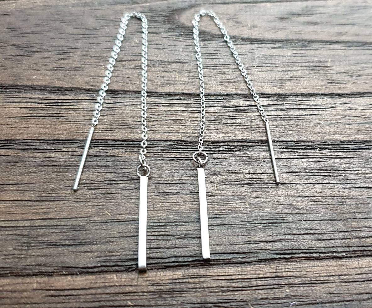 Bar Stainless Steel Dangle Thread Earrings, Threader Earrings.