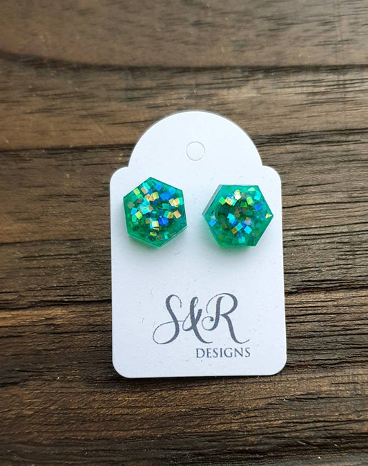 Hexagon Resin Stud Earrings, Holographic Green Glitter Earrings. Stainless Steel Stud Earrings. 10mm or 6mm