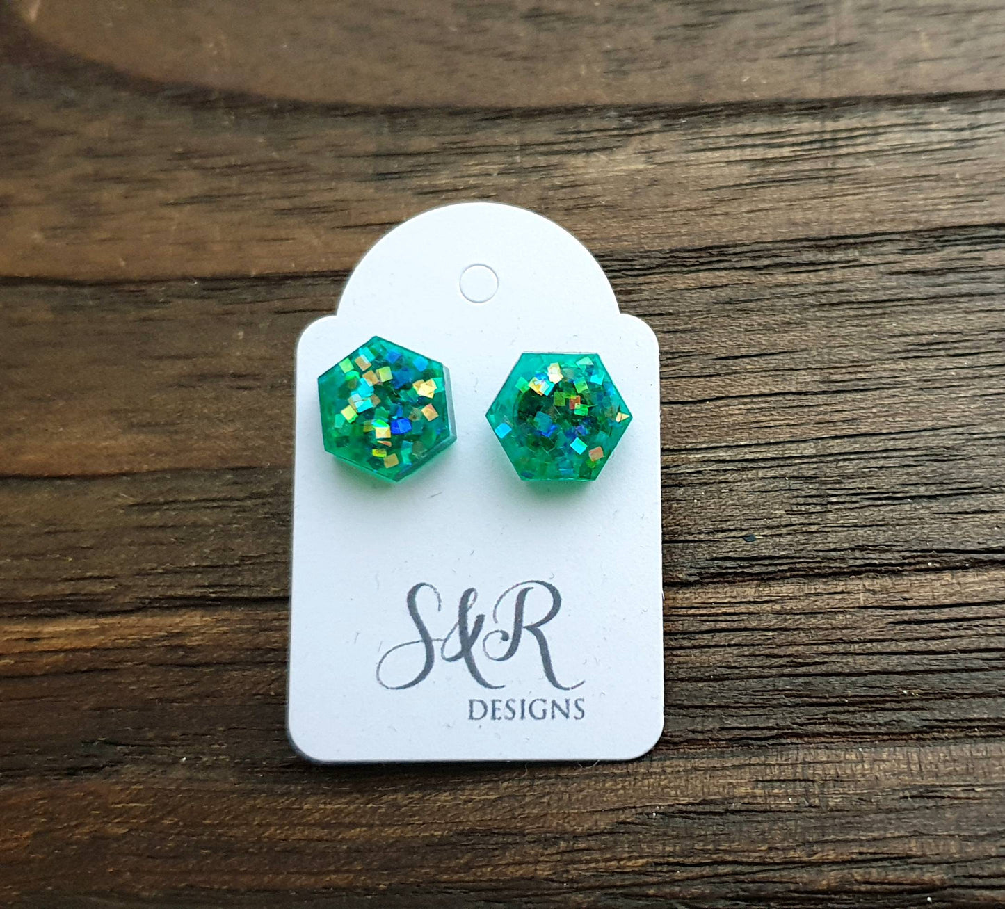 Hexagon Resin Stud Earrings, Holographic Green Glitter Earrings. Stainless Steel Stud Earrings. 10mm or 6mm