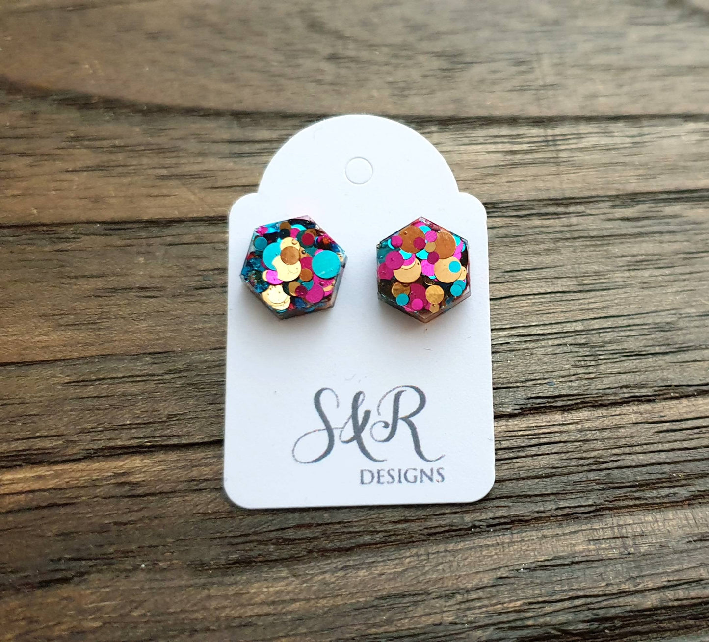 Hexagon Resin Stud Earrings, Aqua Pink Rose Gold Glitter Earrings. Stainless Steel Stud Earrings. 10mm or 6mm