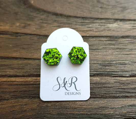 Hexagon Resin Stud Earrings, Green Chunky Glitter Earrings. Stainless Steel Stud Earrings. 10mm or 6mm