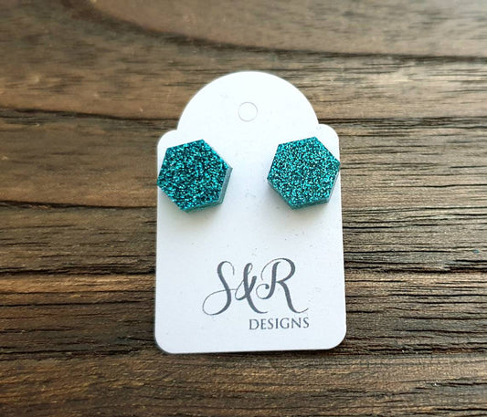 Hexagon Resin Stud Earrings, Blue Glitter Earrings. Stainless Steel Stud Earrings. 10mm or 6mm