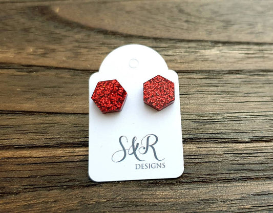 Hexagon Resin Stud Earrings, Red Glitter Earrings. Stainless Steel Stud Earrings. 10mm or 6mm