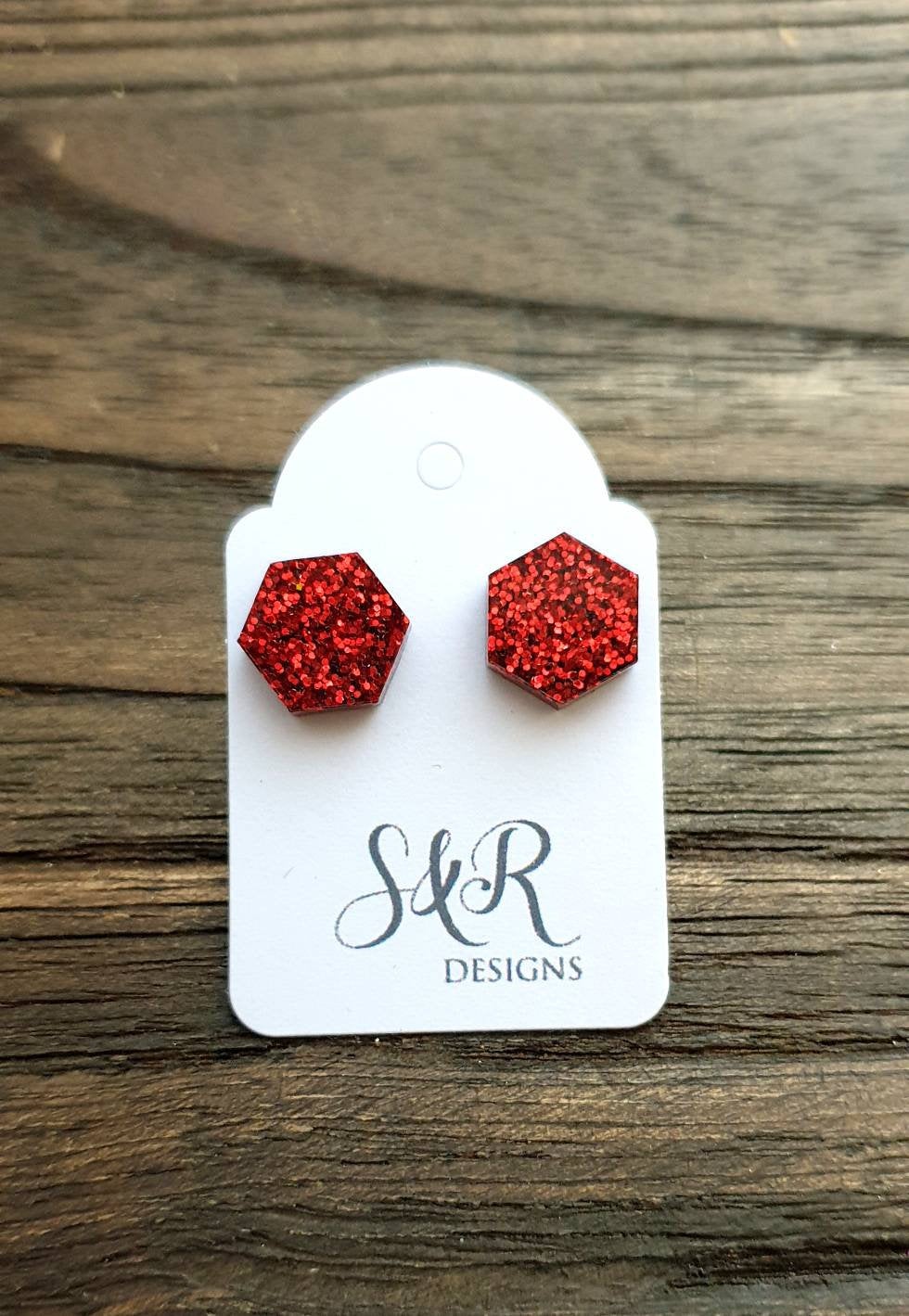 Hexagon Resin Stud Earrings, Red Glitter Earrings. Stainless Steel Stud Earrings. 10mm or 6mm