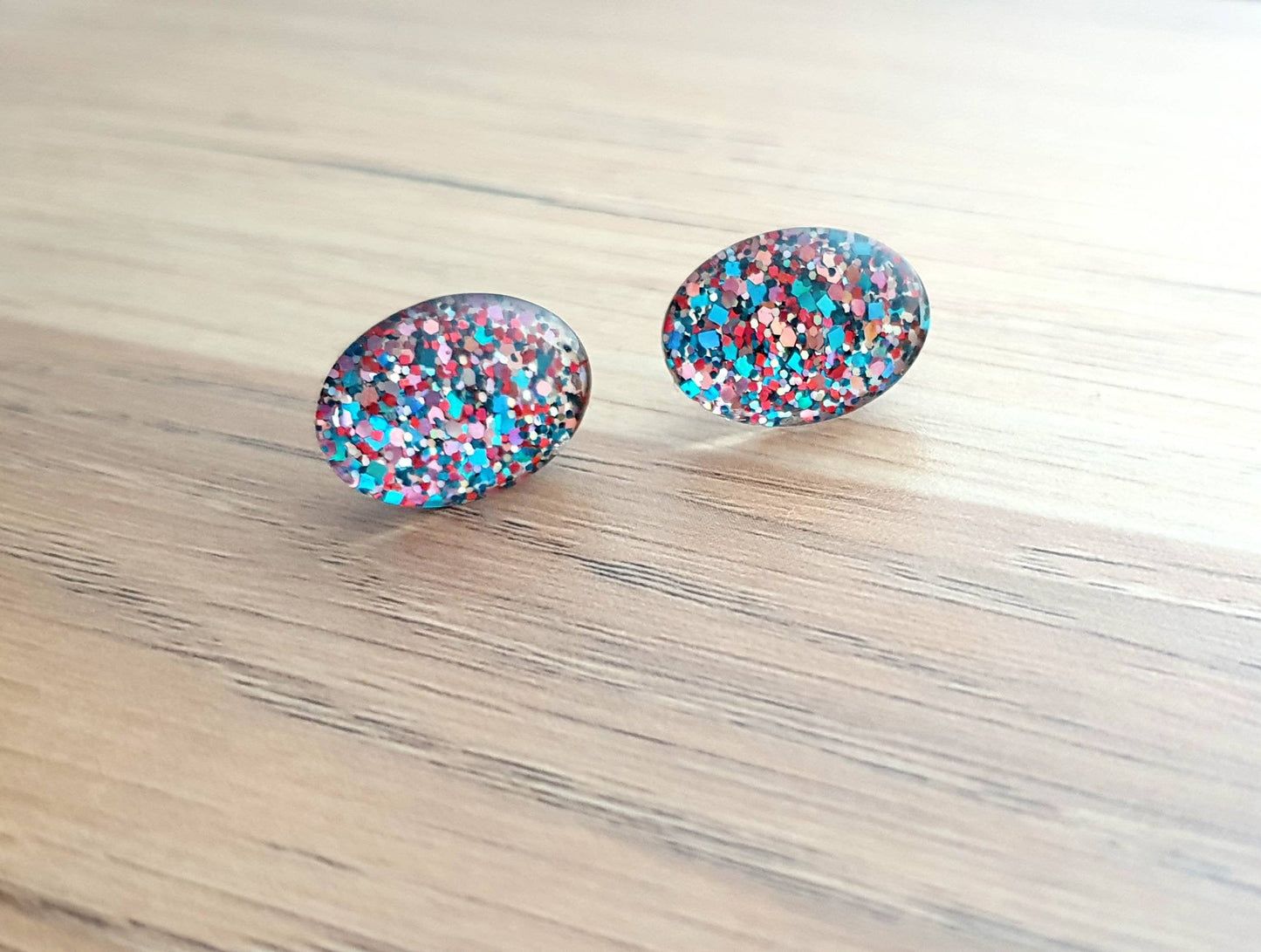 Oval Glass Glitter Resin Stud Earrings made of Stainless Steel, Confetti Glitter Earrings