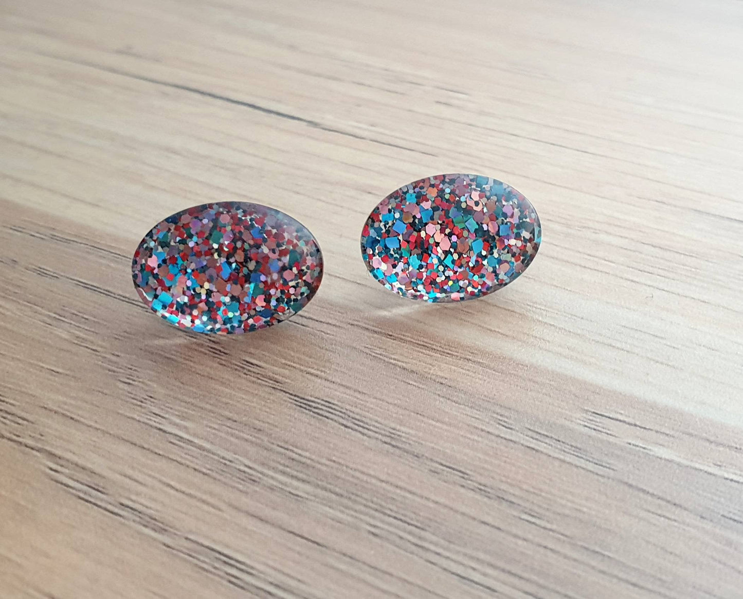 Oval Glass Glitter Resin Stud Earrings made of Stainless Steel, Confetti Glitter Earrings