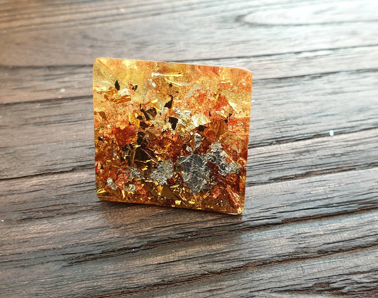 Statement Square Resin Ring, Handmade Size 7 US N AU Silver Gold Rose Gold Leaf Mix Ring