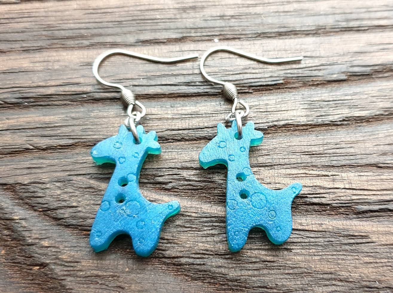 Giraffe Dangle Earrings, Mix Blue Resin Stainless Steel Earrings.