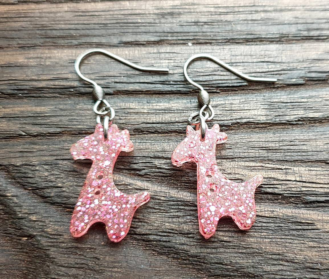 Giraffe Dangle Earrings, Pink Glitter Resin Stainless Steel Earrings.
