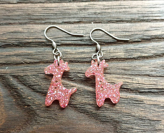 Giraffe Dangle Earrings, Pink Glitter Resin Stainless Steel Earrings.