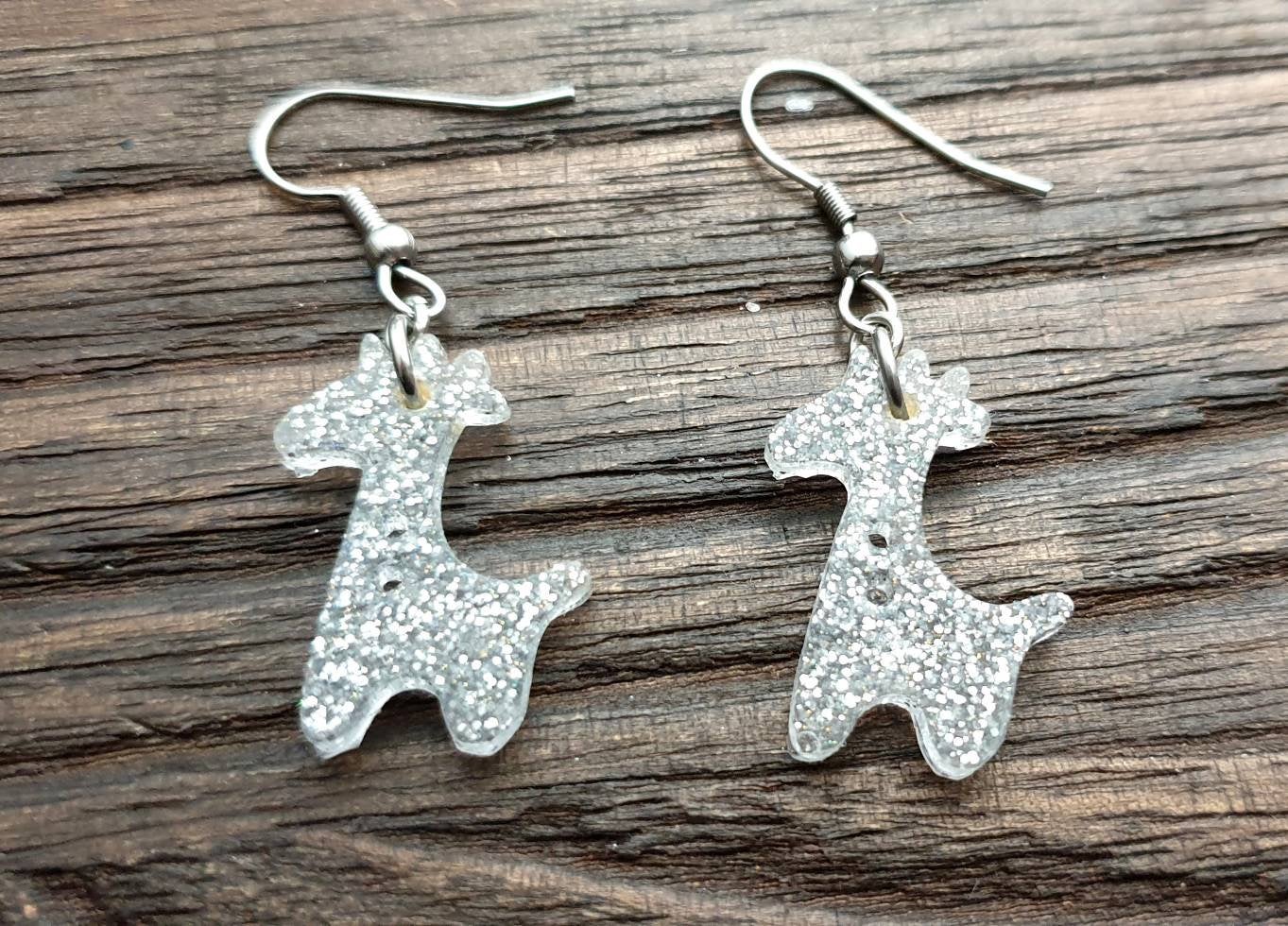 Giraffe Dangle Earrings, Silver Glitter Resin Stainless Steel Earrings.