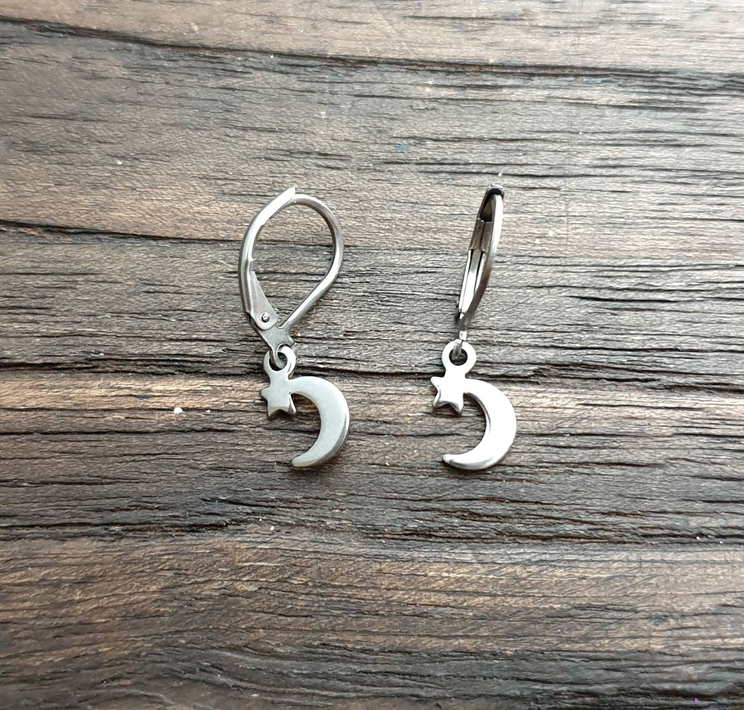 Star Moon Leverback Earrings, Stainless Steel Dangle Leverback, threaders or Hook Earrings.