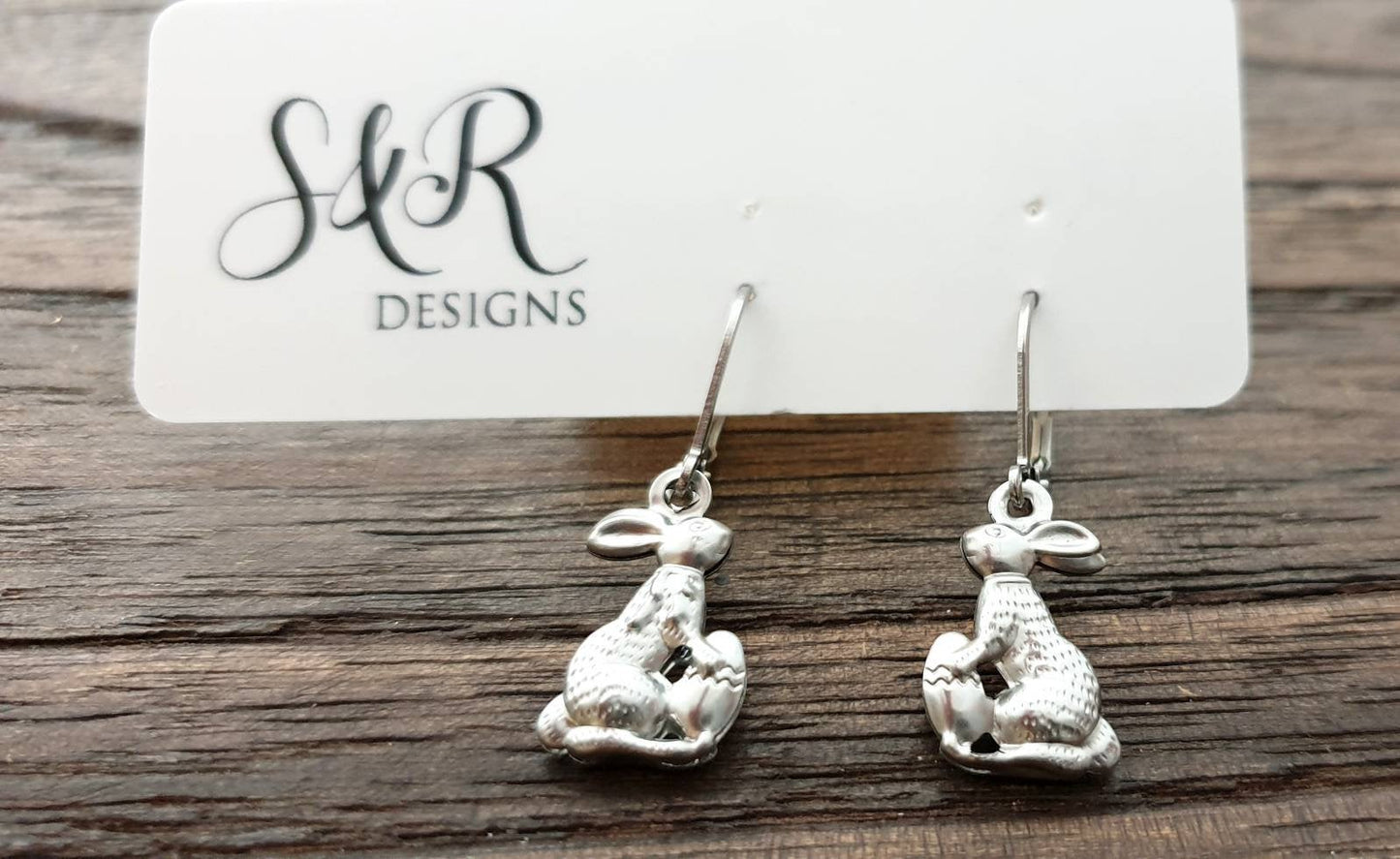 Easter Bunny Leverback Earrings, Stainless Steel Dangle Leverback or Hook Earrings.