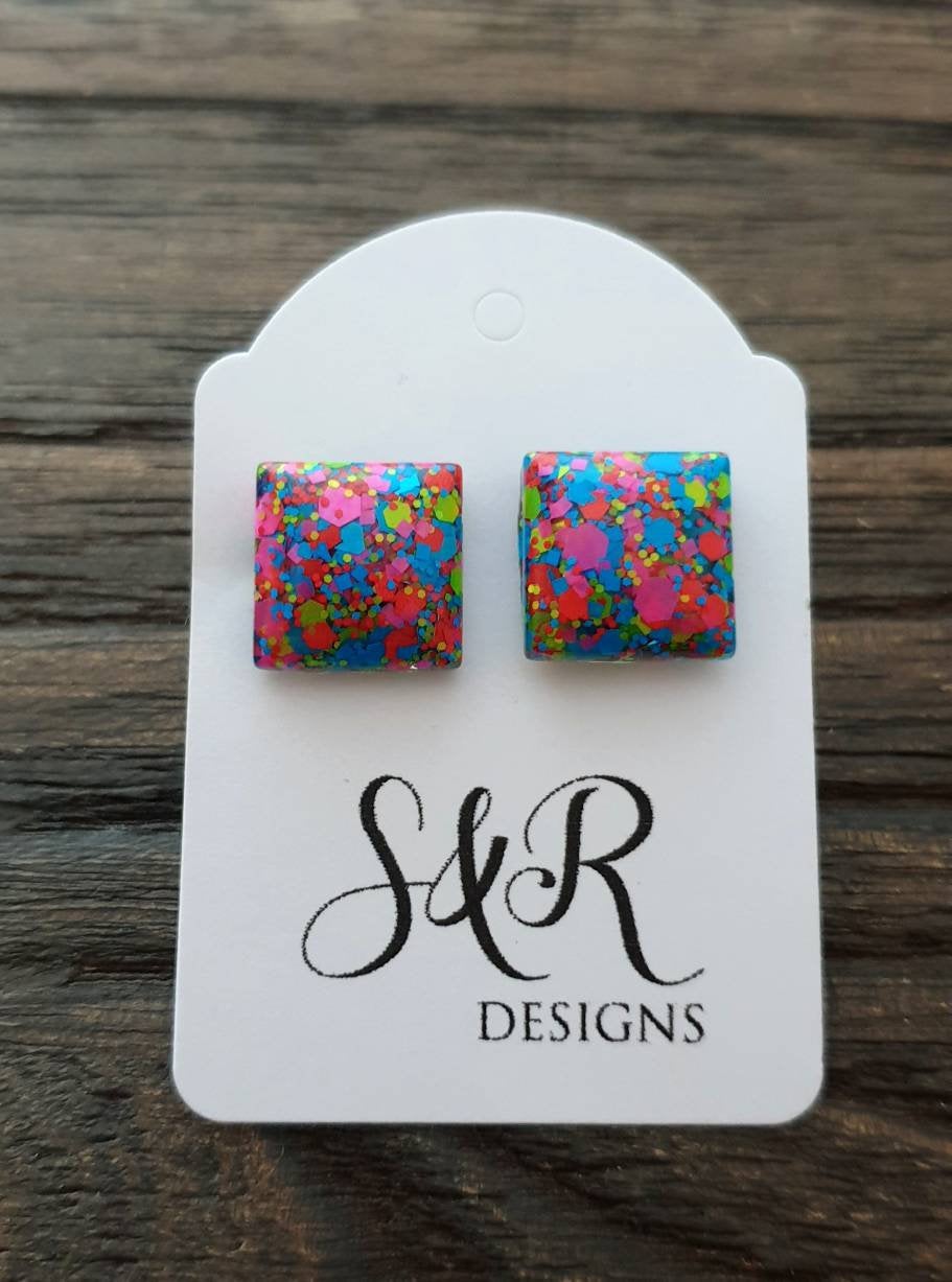 Square Resin Stud Earrings, Neon Glitter Square Earrings made with Stainless Steel. 12mm